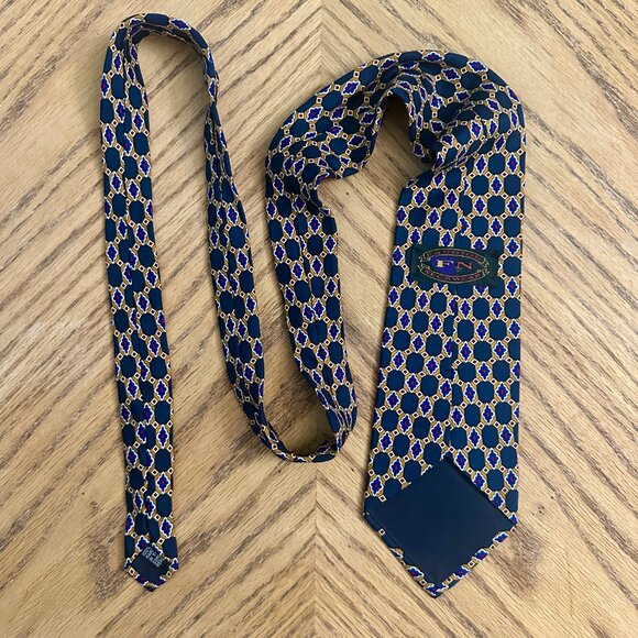 Fashion Neckwear Handmade Silk Necktie Gold Red White Blue Geometric Pattern Tie - Picture 6 of 7